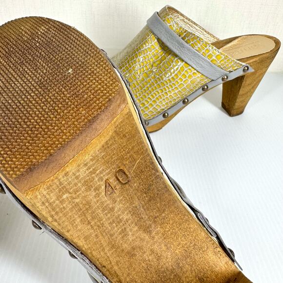 SANITA Embossed Leather Wooden Heel Clogs Size 39 Yellow Boho Festival Hippie - Picture 8 of 16
